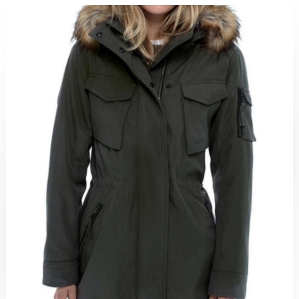 S13 Sam New York Parka Anourak Jacket Faux Fur Trim Green Size Small